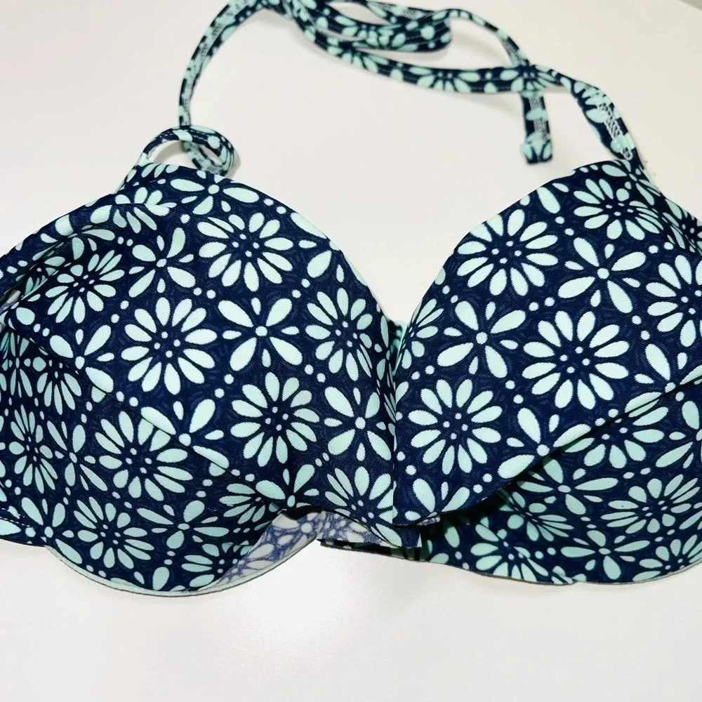 aerie Navy Blue & Mint Green Floral Print Ruffle Push-up Bikini Top 36B Women’s